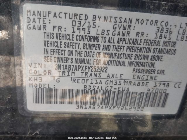 3N1AB7APXFY262922 Nissan SENTRA SL