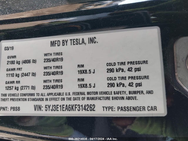 Tesla Model 3 Long Range/mid Range/standard Range/standard Range Plus 2019 5YJ3E1EA6KF314262 Image 9