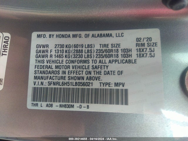 Honda ODYSSEY EX 2020 5FNRL6H51LB056021 Image 9