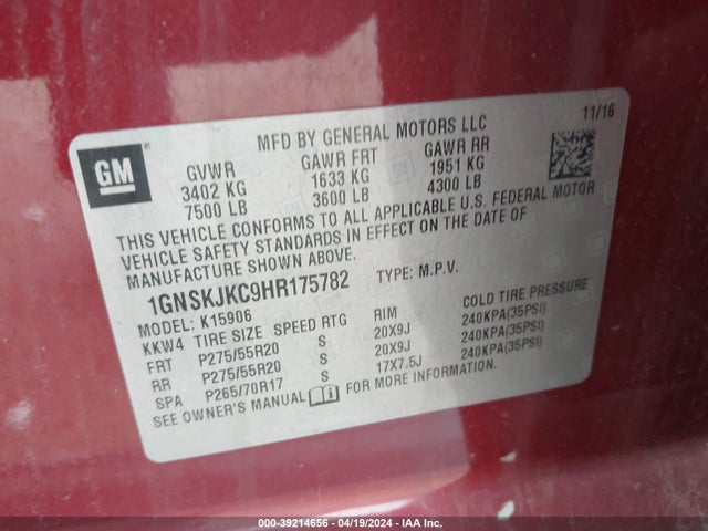 Chevrolet Suburban Premier 2017 1GNSKJKC9HR175782 Image 9