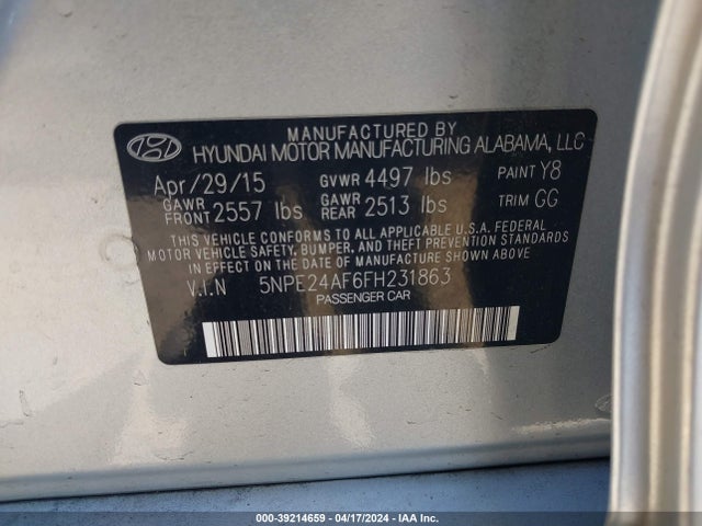 Hyundai SONATA SE 2015 5NPE24AF6FH231863 Image 9