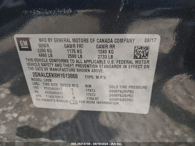 Chevrolet EQUINOX LT 2017 2GNALCEK8H1613868 Image 9