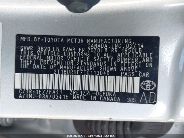 Toyota COROLLA L 2014 2T1BURHE7EC113040 Image 9