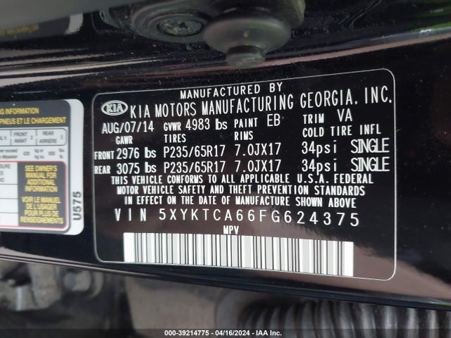 KIA SORENTO LX 2015 5XYKTCA66FG624375 Image 9