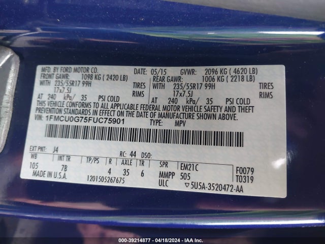 Ford ESCAPE SE 2015 1FMCU0G75FUC75901 Image 9