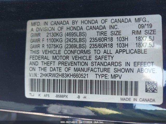 Honda Cr-v Ex-l 2019 2HKRW2H83KH660521 Image 9