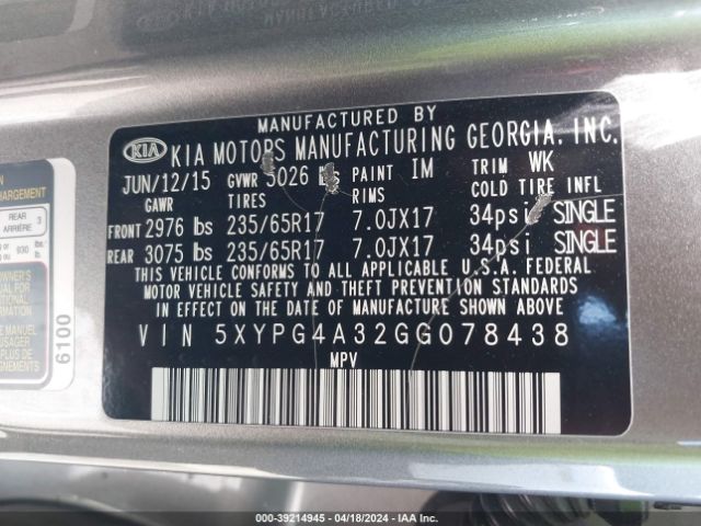 5XYPG4A32GG078438 KIA Sorento 2.4l L