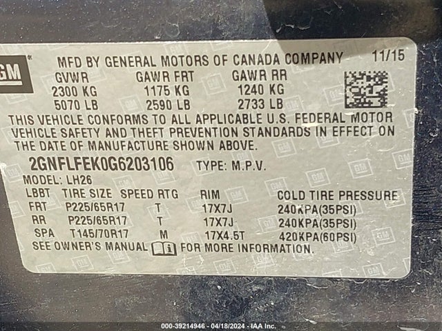 Chevrolet EQUINOX LT 2016 2GNFLFEK0G6203106 Image 9