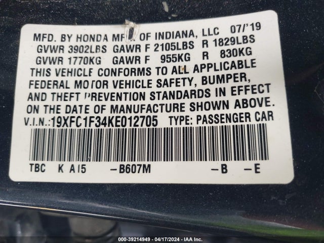 Honda CIVIC EX 2019 19XFC1F34KE012705 Image 9