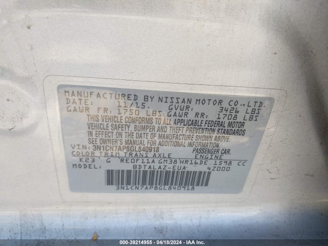 Nissan Versa 1.6 S+ 2016 3N1CN7AP8GL840918 Image 9