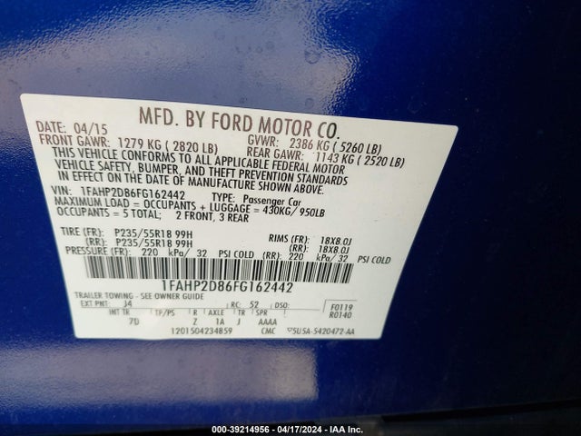 Ford TAURUS SE 2015 1FAHP2D86FG162442 Image 9
