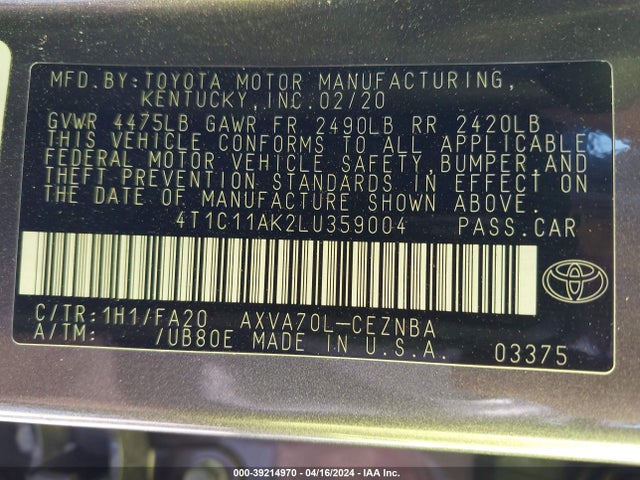 Toyota CAMRY LE 2020 4T1C11AK2LU359004 Image 9