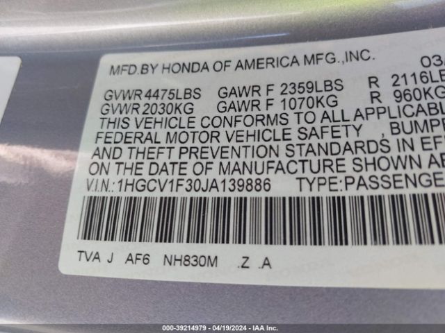 1HGCV1F30JA139886 Honda Accord Sport