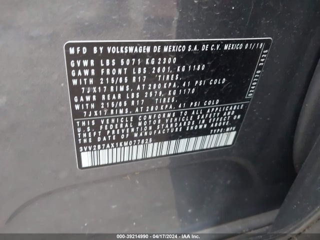 3VV2B7AX1KM077825 Volkswagen Tiguan 2.0t Se/2.0t Sel/2.0t Sel R-line/2.0t Sel R-line Black
