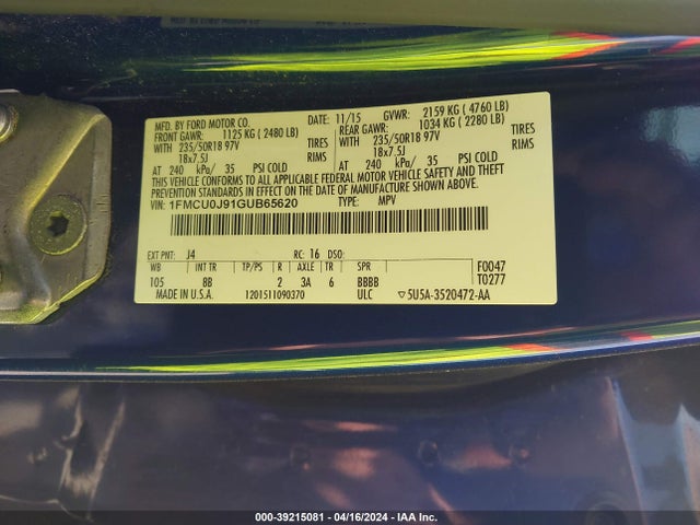 Ford Escape Titanium 2016 1FMCU0J91GUB65620 Image 9