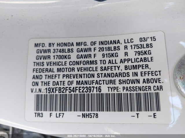 Honda Civic Lx 2015 19XFB2F54FE239716 Image 9