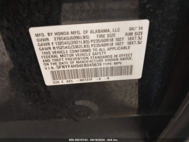 5FNYF4H94EB045639 Honda Pilot Touring