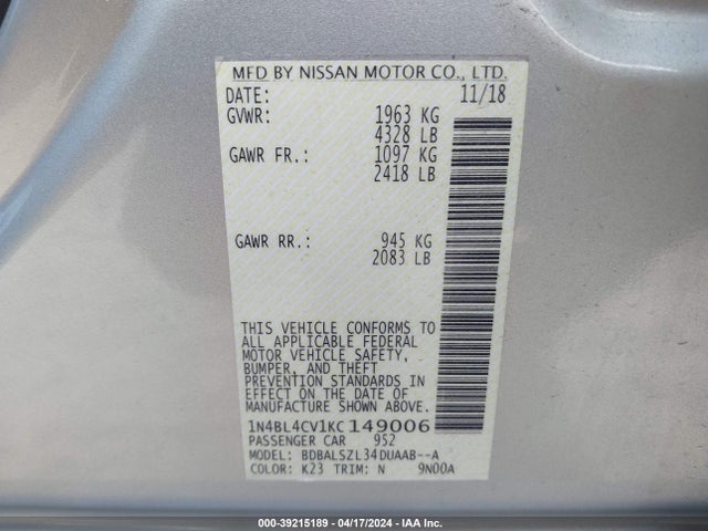 Nissan Altima 2.5 Sr 2019 1N4BL4CV1KC149006 Image 9