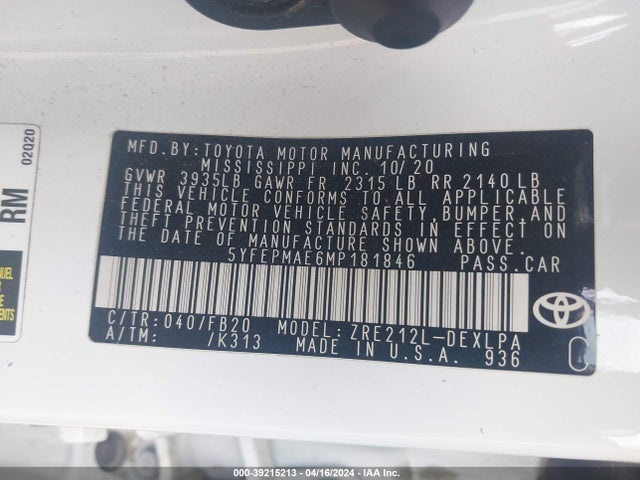 Toyota COROLLA LE 2021 5YFEPMAE6MP181846 Image 9