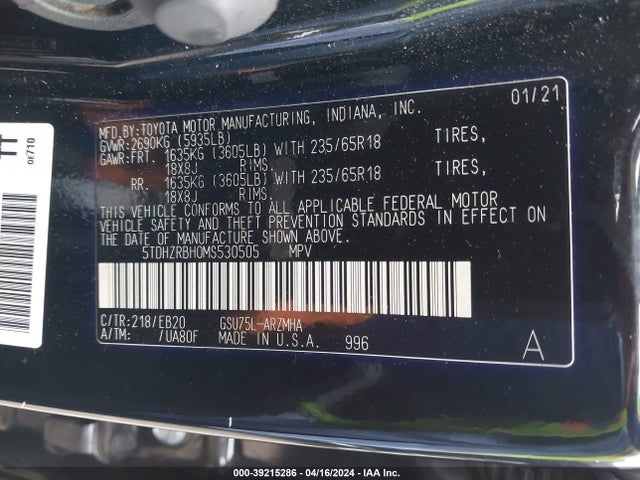 Toyota Highlander Xle 2021 5TDHZRBH0MS530505 Image 9