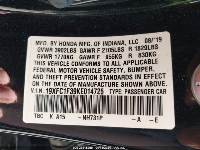 Honda CIVIC EX 2019 19XFC1F39KE014725 Image 9