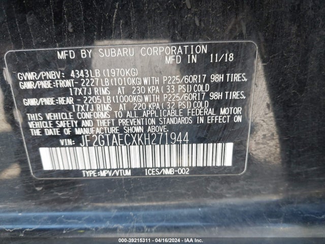 Subaru Crosstrek 2.0i Premium 2019 JF2GTAECXKH271944 Image 9
