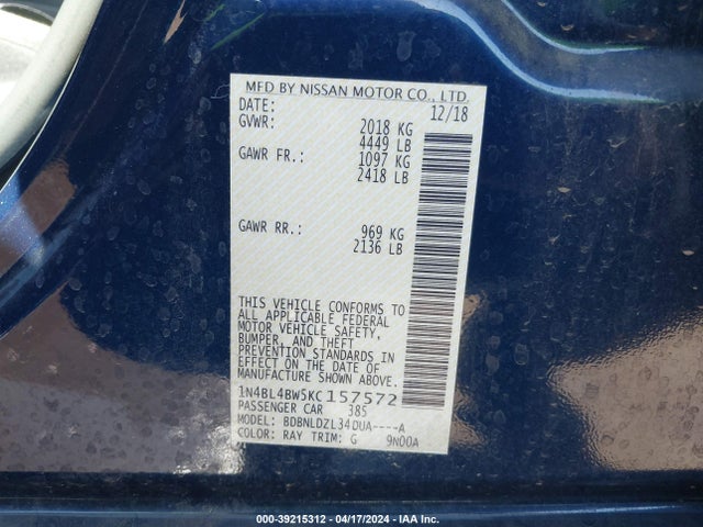 Nissan Altima 2.5 S 2019 1N4BL4BW5KC157572 Image 9