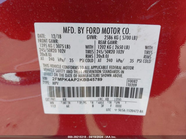 Ford EDGE ST 2019 2FMPK4AP2KBB45789 Image 9
