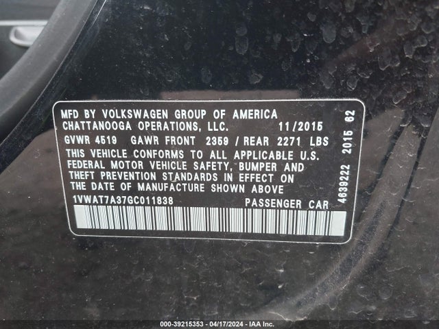 1VWAT7A37GC011838 Volkswagen Passat 1.8t S