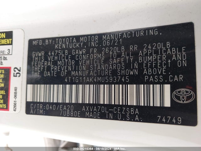Toyota CAMRY SE 2021 4T1G11AK4MU593745 Image 9
