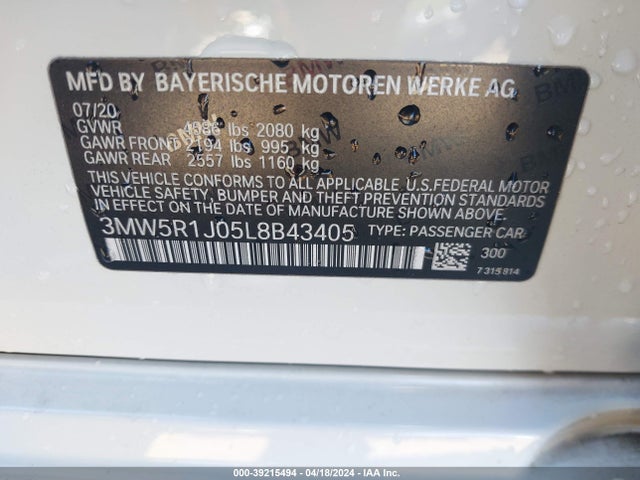 BMW 330I 2020 3MW5R1J05L8B43405 Image 9