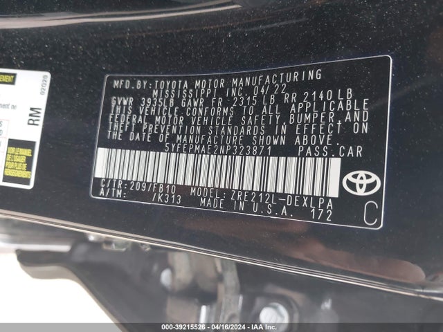 Toyota COROLLA LE 2022 5YFEPMAE2NP323871 Image 9
