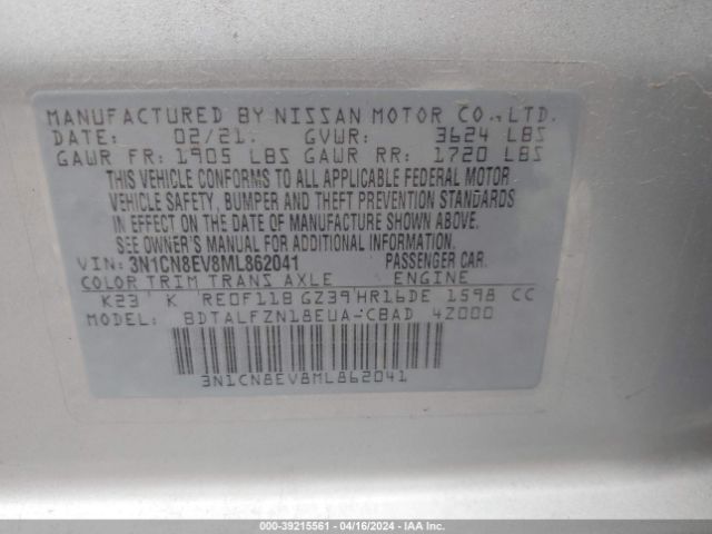 3N1CN8EV8ML862041 Nissan Versa Sv Xtronic Cvt