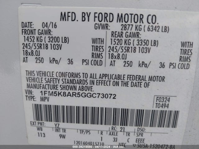 1FM5K8AR5GGC73072 Ford Utility Police Interceptor