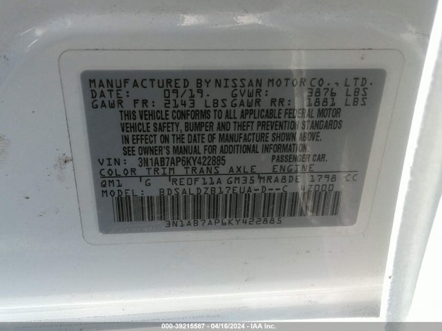 Nissan SENTRA SV 2019 3N1AB7AP6KY422885 Image 9