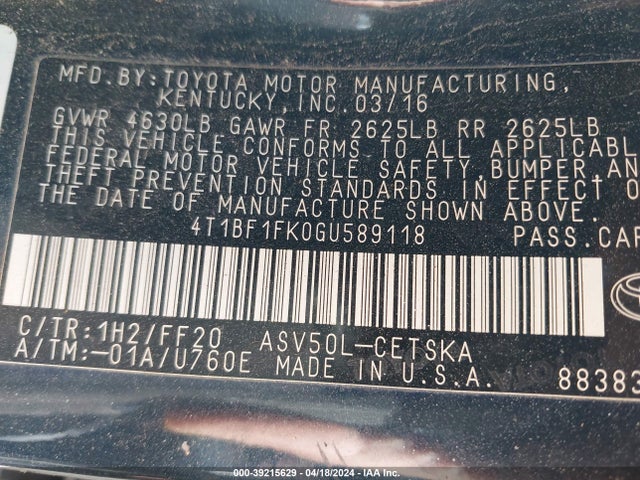 Toyota CAMRY SE 2016 4T1BF1FK0GU589118 Image 9