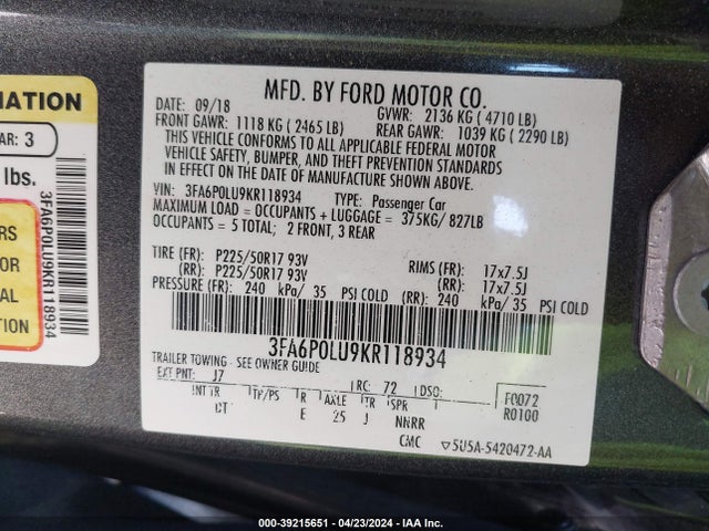 Ford Fusion Hybrid Se 2019 3FA6P0LU9KR118934 Image 9