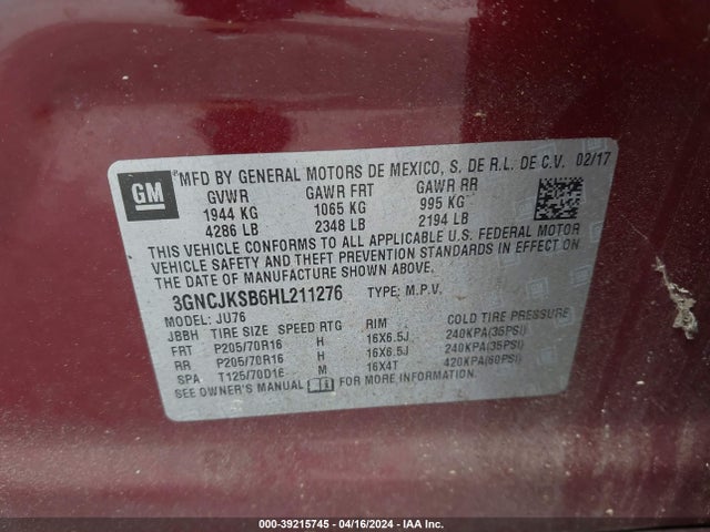 Chevrolet TRAX LS 2017 3GNCJKSB6HL211276 Image 9