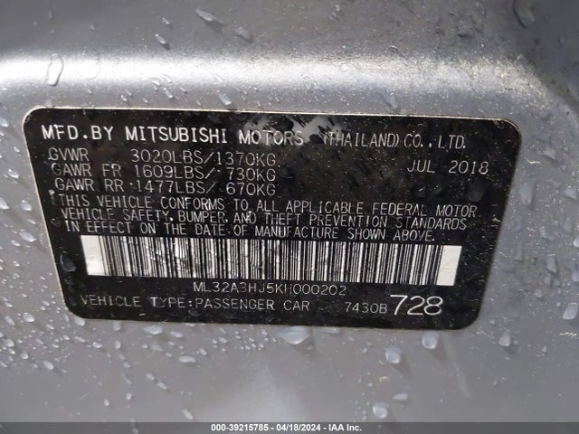 ML32A3HJ5KH000202 Mitsubishi MIRAGE ES