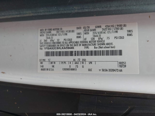 Ford Transit-350 Passenger Van Xl 2020 1FBAX2C80LKA59446 Image 9