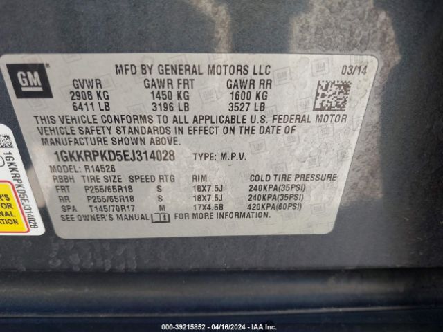 1GKKRPKD5EJ314028 GMC Acadia Sle-2