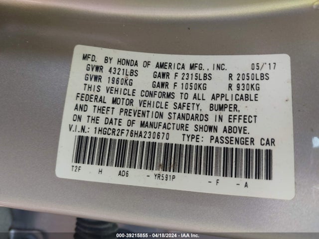 Honda ACCORD EX 2017 1HGCR2F76HA230670 Image 9