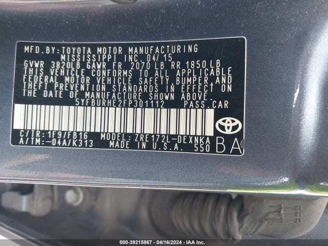 Toyota COROLLA LE 2015 5YFBURHE2FP301112 Image 9