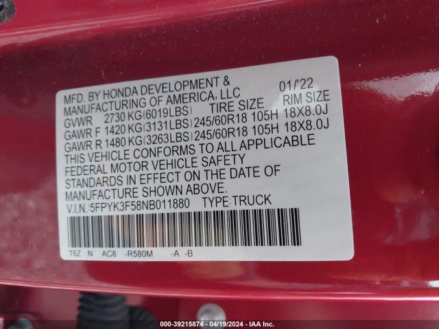 Honda Ridgeline Rtl 2022 5FPYK3F58NB011880 Image 9