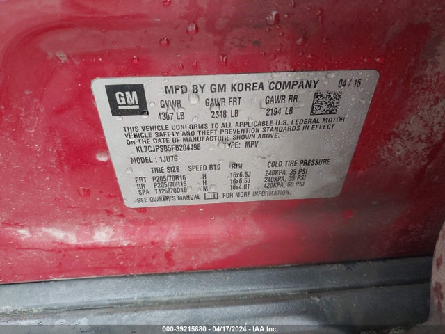 Chevrolet Trax 1ls 2015 KL7CJPSB5FB204496 Image 9