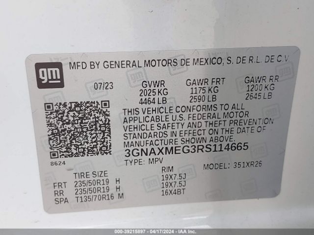 3GNAXMEG3RS114665 Chevrolet Equinox Fwd Rs