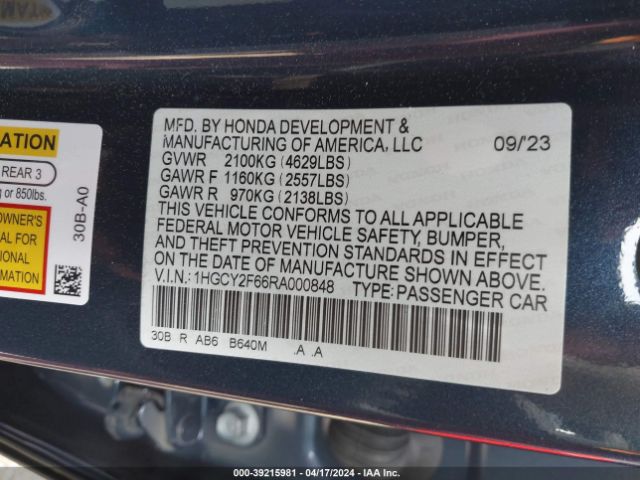 1HGCY2F66RA000848 Honda Accord Hybrid Ex-l