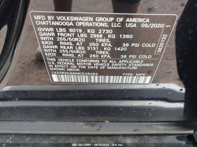 1V2TR2CA5MC528283 Volkswagen Atlas 3.6l V6 Sel Premium