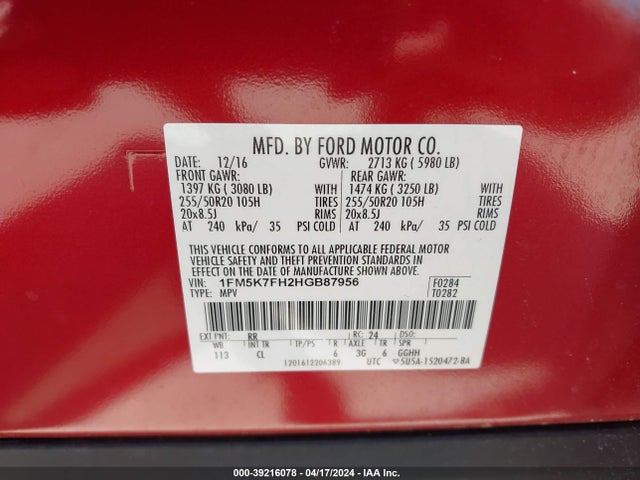 Ford Explorer Limited 2017 1FM5K7FH2HGB87956 Image 9