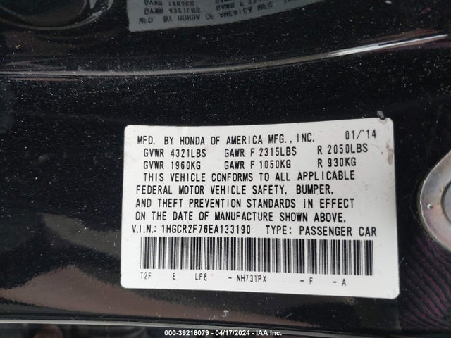 Honda ACCORD EX 2014 1HGCR2F76EA133190 Image 9